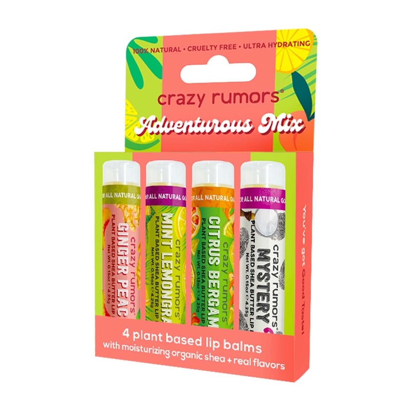 Crazy Rumors Adventurous Mix Lip Balm 4Pack Mix Ginger Peach Mint Lemongrass Citrus Bergamot Mystery Flavor 100 Natural Vegan PlantBased Made in USA